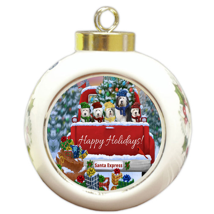Christmas Red Truck Travlin Home for the Holidays Old English Sheepdogs Round Ball Christmas Ornament Pet Decorative Hanging Ornaments for Christmas X-mas Tree Decorations - 3" Round Ceramic Ornament