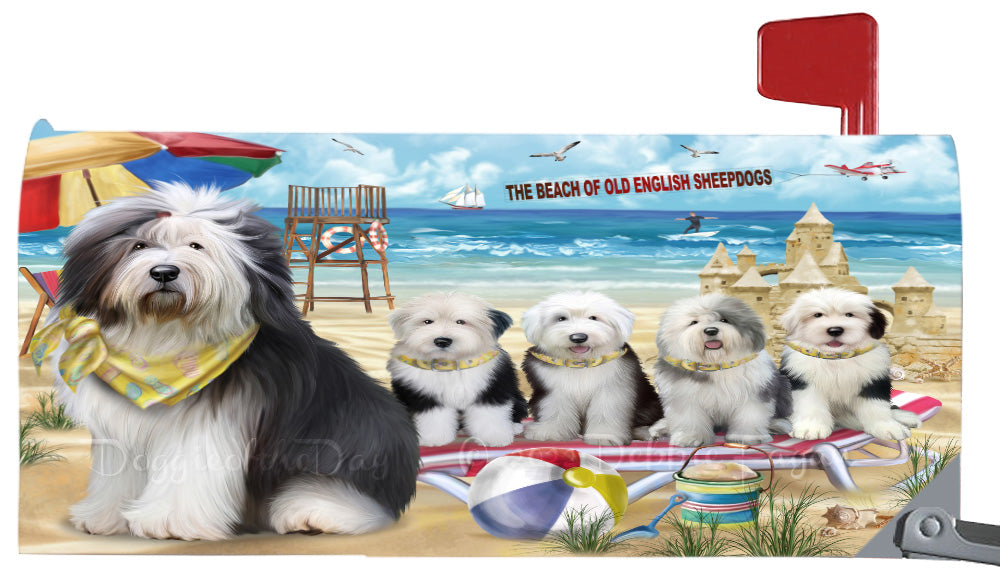 Pet Friendly Beach Old English Sheepdogs Magnetic Mailbox Cover Both Sides Pet Theme Printed Decorative Letter Box Wrap Case Postbox Thick Magnetic Vinyl Material
