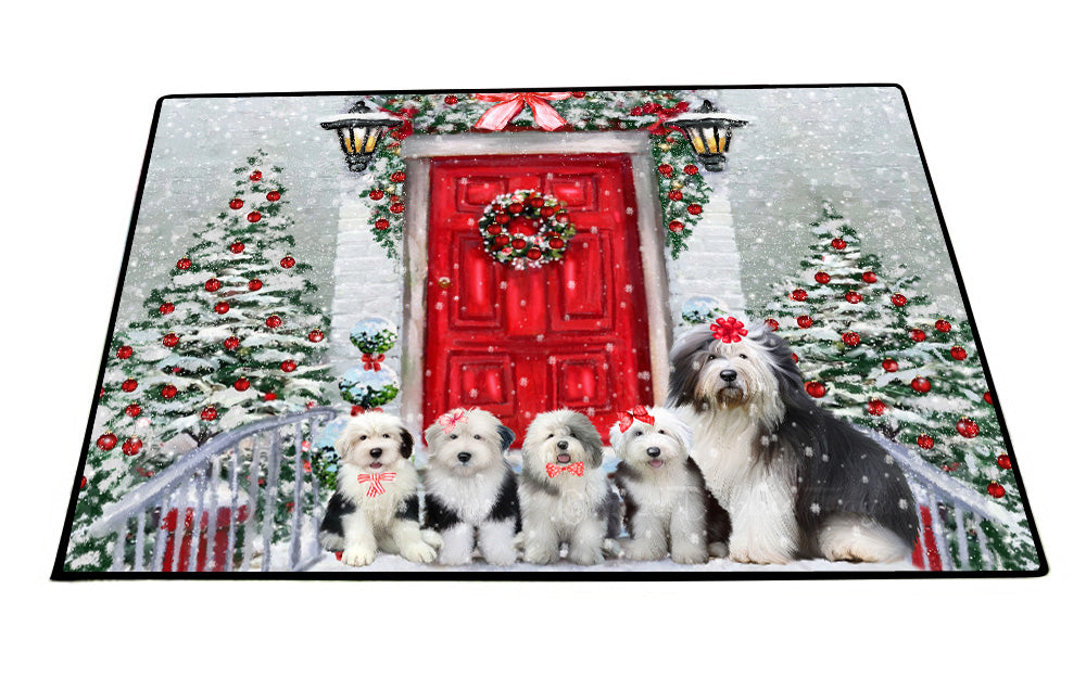 Christmas Holiday Welcome Old English Sheepdogs Floor Mat- Anti-Slip Pet Door Mat Indoor Outdoor Front Rug Mats for Home Outside Entrance Pets Portrait Unique Rug Washable Premium Quality Mat