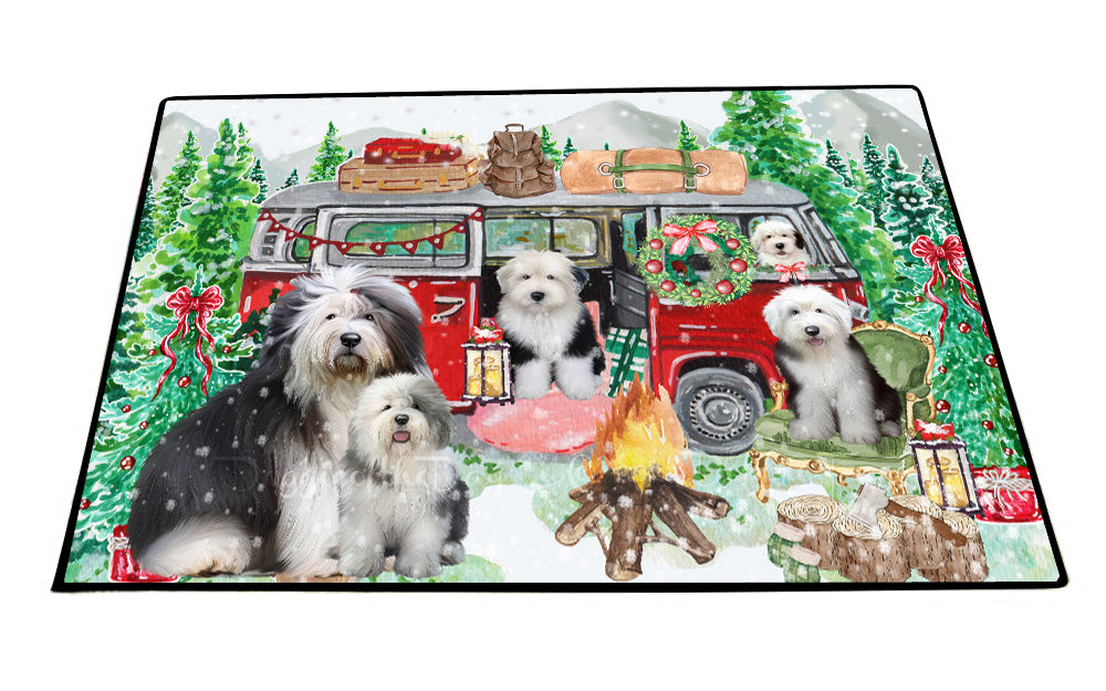 Christmas Time Camping with Old English Sheepdogs Floor Mat- Anti-Slip Pet Door Mat Indoor Outdoor Front Rug Mats for Home Outside Entrance Pets Portrait Unique Rug Washable Premium Quality Mat
