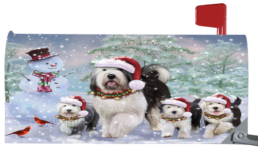 Christmas Running Family Old English Sheepdogs Magnetic Mailbox Cover Both Sides Pet Theme Printed Decorative Letter Box Wrap Case Postbox Thick Magnetic Vinyl Material