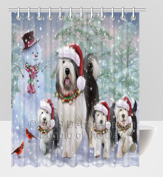 Christmas Running Fammily Old English Sheepdogs Shower Curtain