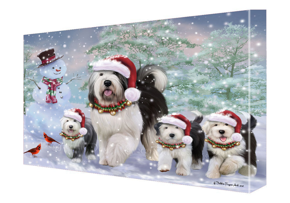 Christmas Running Family Old English sheepdogs Canvas Wall Art - Premium Quality Ready to Hang Room Decor Wall Art Canvas - Unique Animal Printed Digital Painting for Decoration