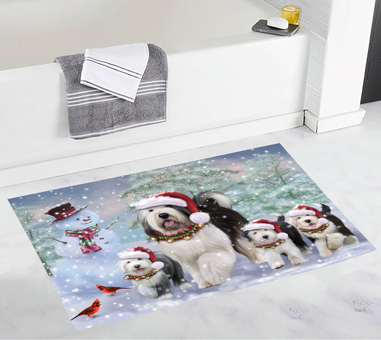 Christmas Running Fammily Old English Sheepdogs Bath Mat