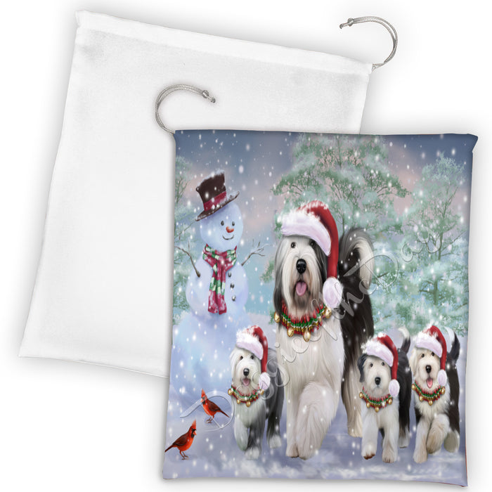 Christmas Running Fammily Old English Sheepdogs Drawstring Laundry or Gift Bag LGB48237