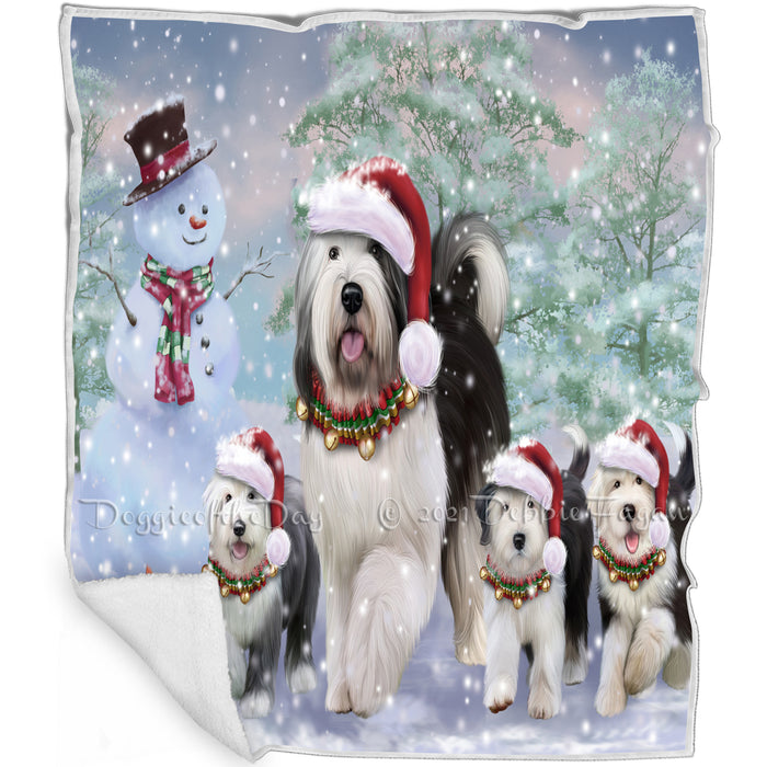 Christmas Running Family Old English Sheepdogs Blanket BLNKT143420