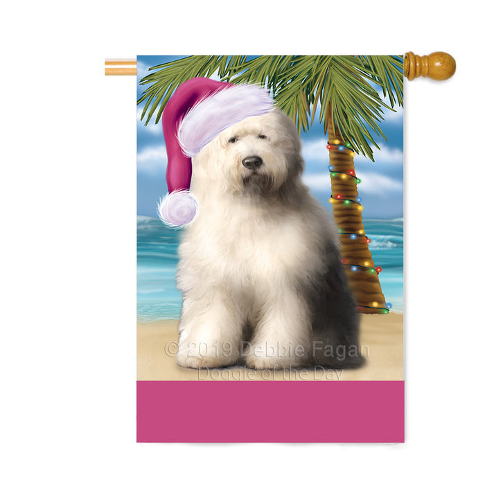 Personalized Summertime Happy Holidays Christmas Old English Sheepdog on Tropical Island Beach Custom House Flag FLG-DOTD-A60553