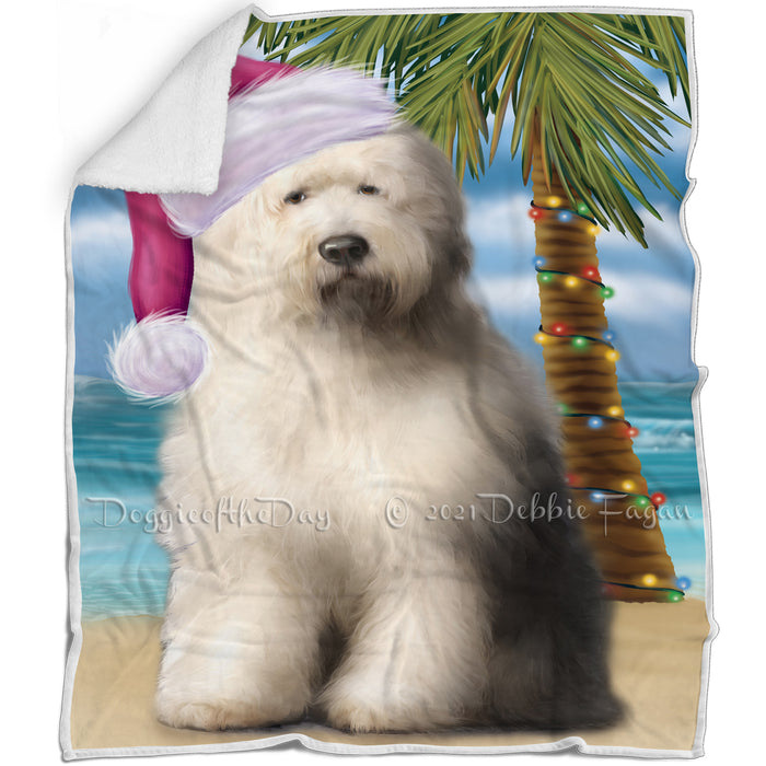 Summertime Happy Holidays Christmas Old English Sheepdog Dog on Tropical Island Beach Blanket D179
