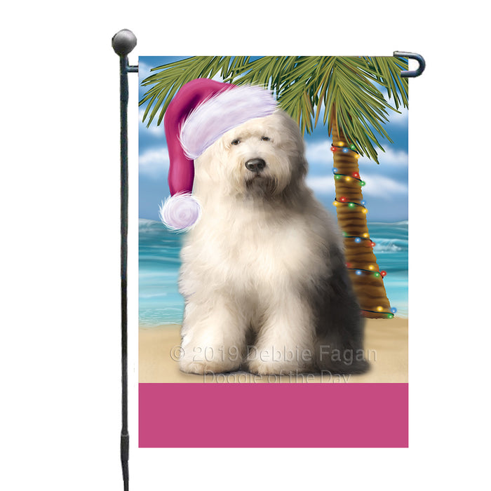 Personalized Summertime Happy Holidays Christmas Old English Sheepdog on Tropical Island Beach  Custom Garden Flags GFLG-DOTD-A60497