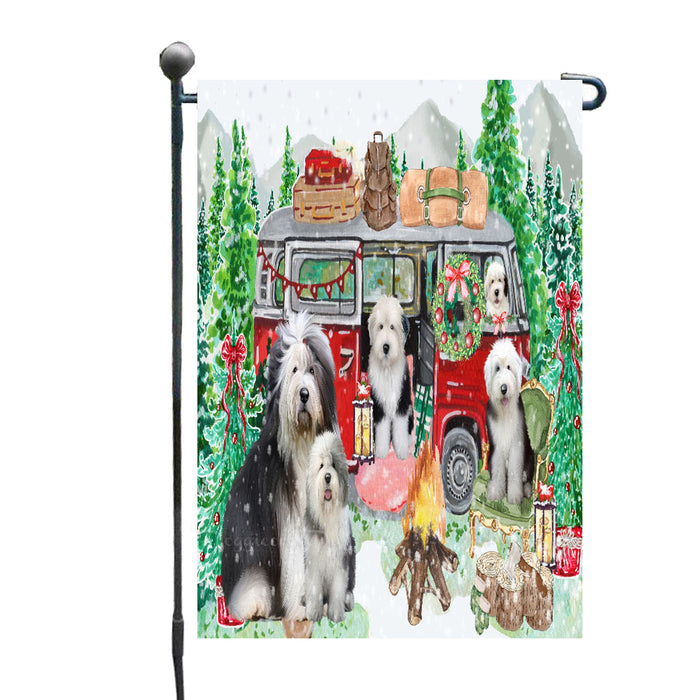 Christmas Time Camping with Old English Sheepdogs Garden Flags- Outdoor Double Sided Garden Yard Porch Lawn Spring Decorative Vertical Home Flags 12 1/2"w x 18"h