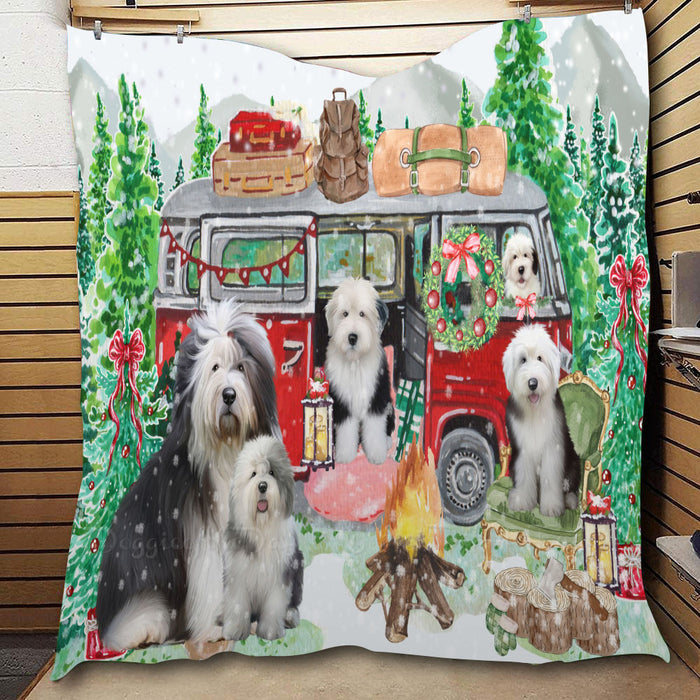 Christmas Time Camping with Old English Sheepdogs  Quilt Bed Coverlet Bedspread - Pets Comforter Unique One-side Animal Printing - Soft Lightweight Durable Washable Polyester Quilt