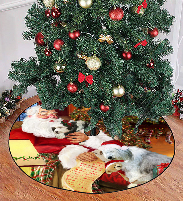 Santa Sleeping with Old English Sheepdogs Christmas Tree Skirt