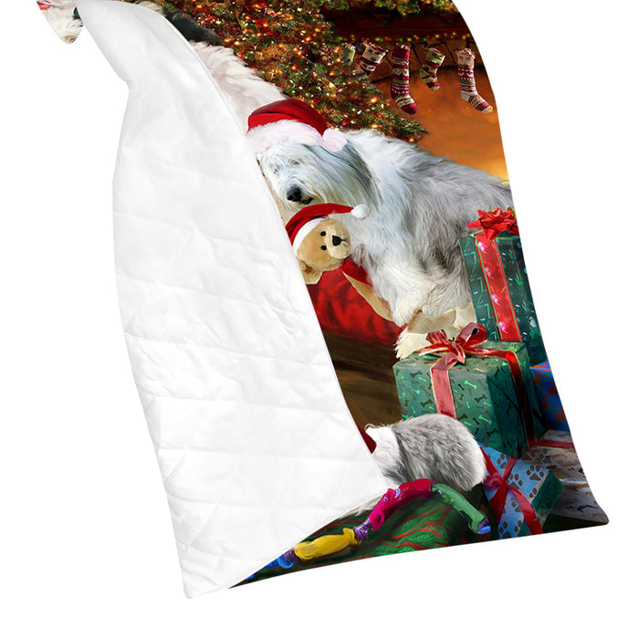 Santa Sleeping with Old English Sheepdogs Quilt