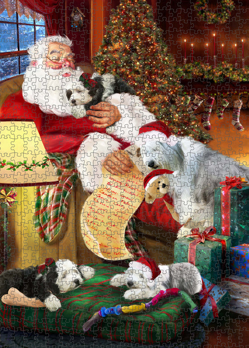 Santa Sleeping with Old English Sheepdogs Portrait Jigsaw Puzzle for Adults Animal Interlocking Puzzle Game Unique Gift for Dog Lover's with Metal Tin Box