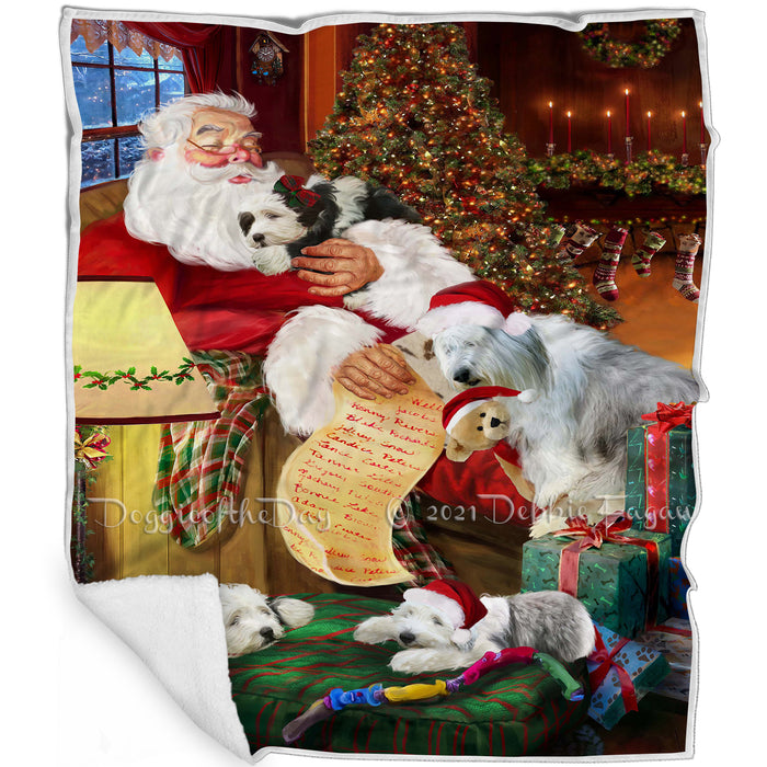 Old English Sheepdog Dogs and Puppies Sleeping with Santa Blanket