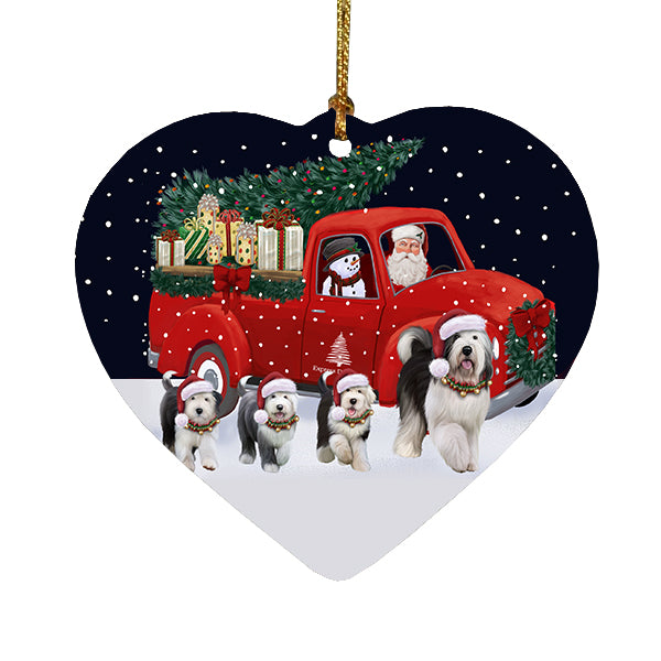Christmas Express Delivery Red Truck Running Old English Sheepdogs Heart Christmas Ornament RFPOR58104