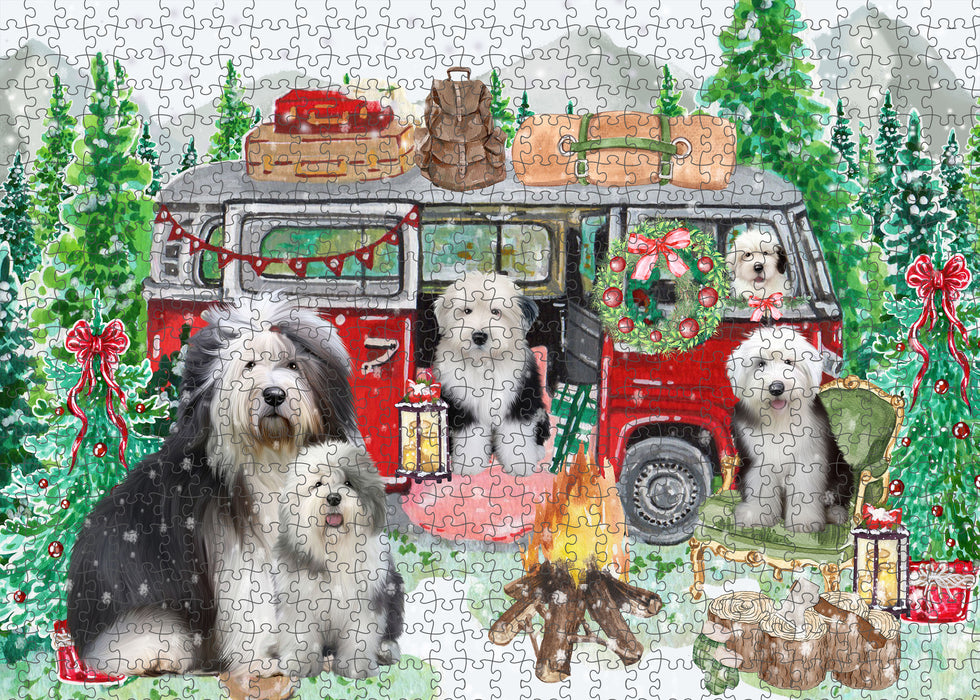 Christmas Time Camping with Old English Sheepdogs Portrait Jigsaw Puzzle for Adults Animal Interlocking Puzzle Game Unique Gift for Dog Lover's with Metal Tin Box