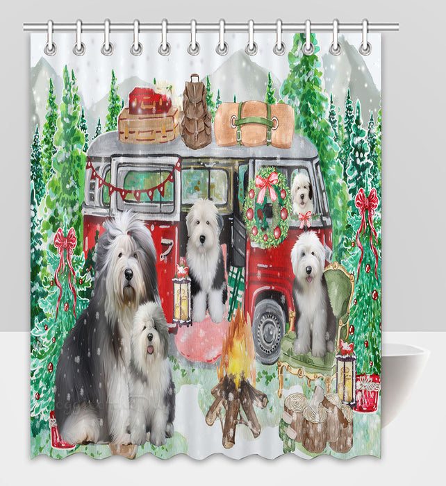 Christmas Time Camping with Old English Sheepdogs Shower Curtain Pet Painting Bathtub Curtain Waterproof Polyester One-Side Printing Decor Bath Tub Curtain for Bathroom with Hooks