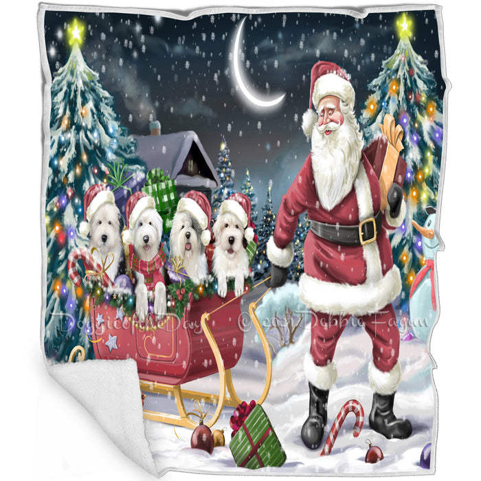 Merry Christmas Happy Holiday Santa Sled Old English Sheepdog Dogs Blanket D280