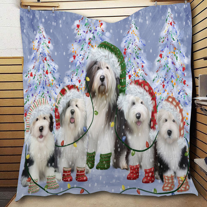 Christmas Lights and Old English Sheepdogs  Quilt Bed Coverlet Bedspread - Pets Comforter Unique One-side Animal Printing - Soft Lightweight Durable Washable Polyester Quilt