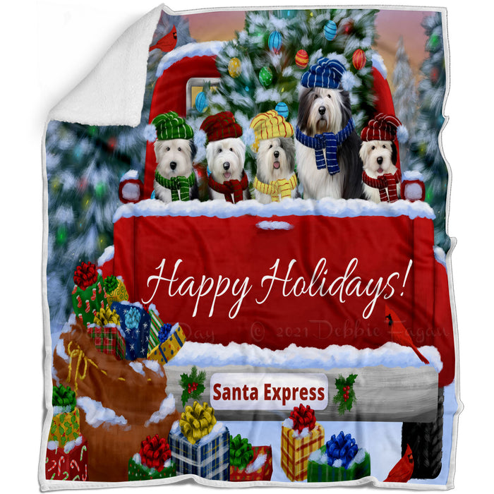 Christmas Red Truck Travlin Home for the Holidays Old English Sheepdogs Blanket - Lightweight Soft Cozy and Durable Bed Blanket - Animal Theme Fuzzy Blanket for Sofa Couch