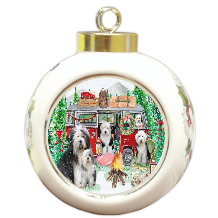 Christmas Time Camping with Old English Sheepdogs Round Ball Christmas Ornament Pet Decorative Hanging Ornaments for Christmas X-mas Tree Decorations - 3" Round Ceramic Ornament