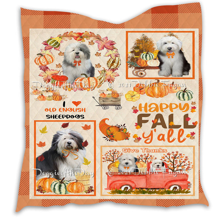 Happy Fall Y'all Pumpkin Old English Sheepdogs Quilt Bed Coverlet Bedspread - Pets Comforter Unique One-side Animal Printing - Soft Lightweight Durable Washable Polyester Quilt