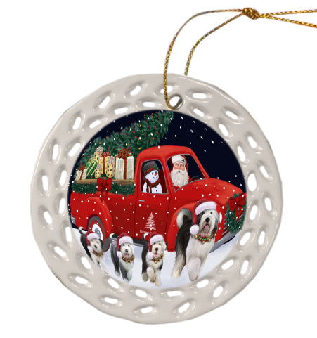 Christmas Express Delivery Red Truck Running Old English Sheepdog Doily Ornament DPOR59281