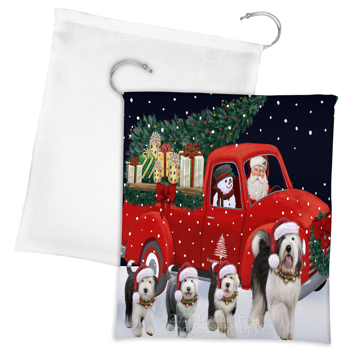 Christmas Express Delivery Red Truck Running Old English Sheepdogs Drawstring Laundry or Gift Bag LGB48914