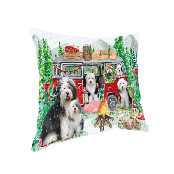 Christmas Time Camping with Old English Sheepdogs Pillow with Top Quality High-Resolution Images - Ultra Soft Pet Pillows for Sleeping - Reversible & Comfort - Ideal Gift for Dog Lover - Cushion for Sofa Couch Bed - 100% Polyester