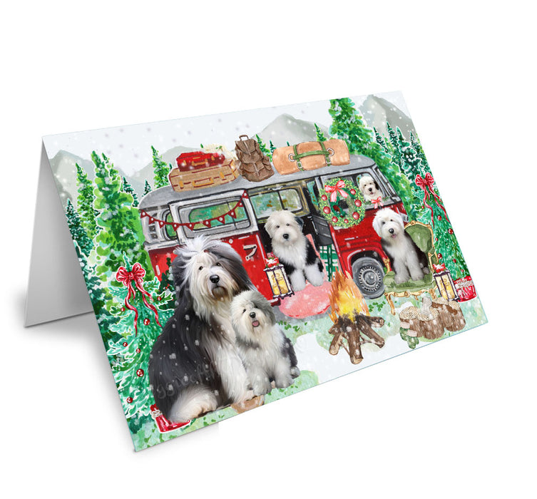 Christmas Time Camping with Old English Sheepdogs Handmade Artwork Assorted Pets Greeting Cards and Note Cards with Envelopes for All Occasions and Holiday Seasons