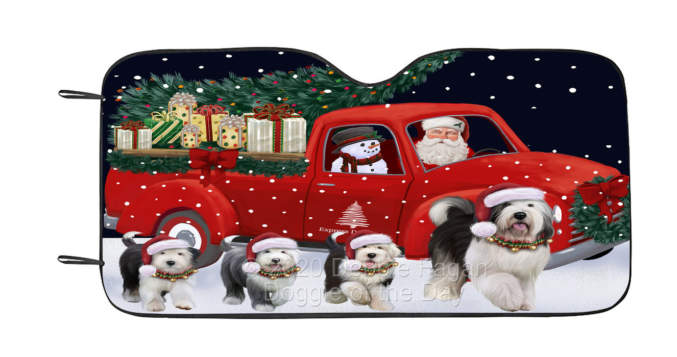 Christmas Express Delivery Red Truck Running Old English Sheepdog Car Sun Shade Cover Curtain