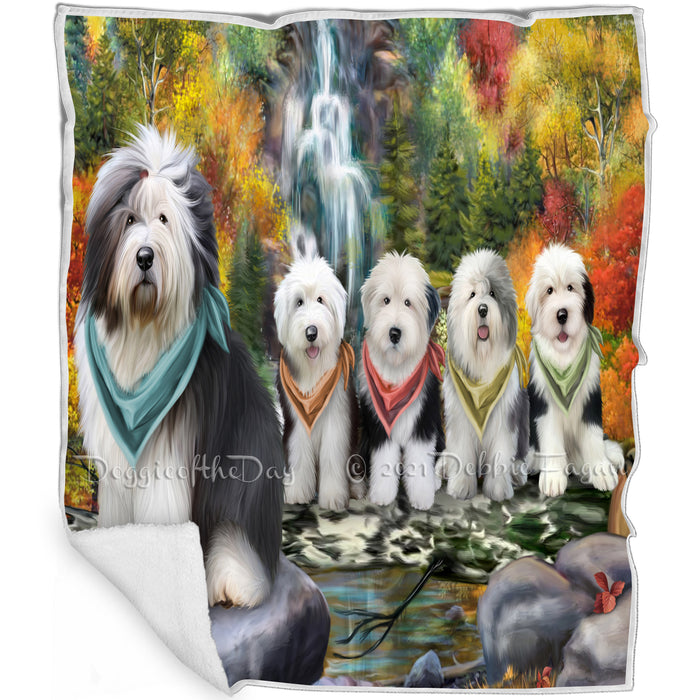 Scenic Waterfall Old English Sheepdogs Blanket BLNKT60726