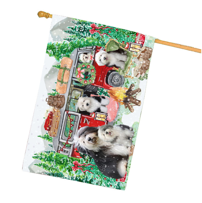 Christmas Time Camping with Old English Sheepdogs House Flag Outdoor Decorative Double Sided Pet Portrait Weather Resistant Premium Quality Animal Printed Home Decorative Flags 100% Polyester