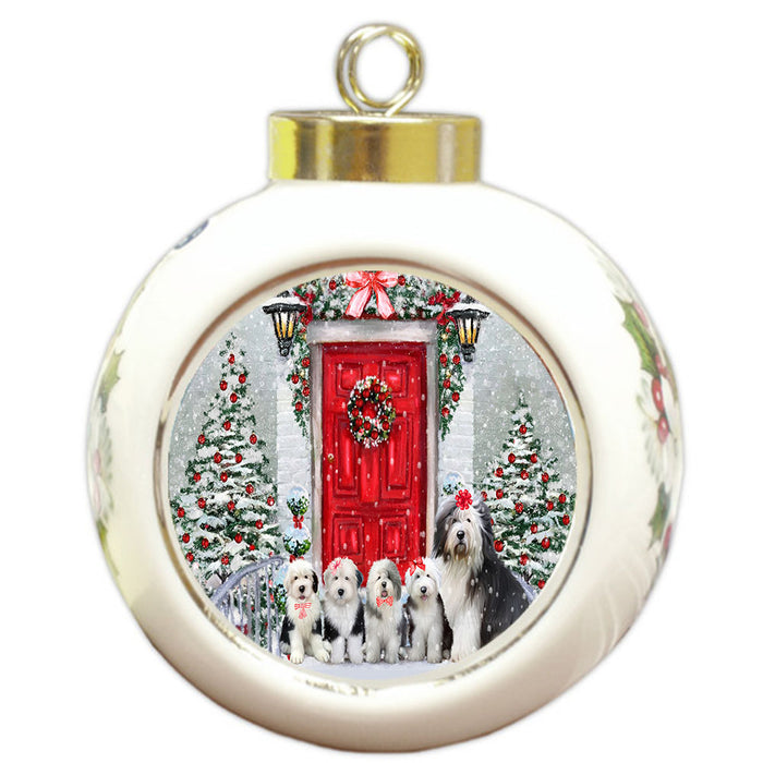 Christmas Holiday Welcome Old English Sheepdogs Round Ball Christmas Ornament Pet Decorative Hanging Ornaments for Christmas X-mas Tree Decorations - 3" Round Ceramic Ornament