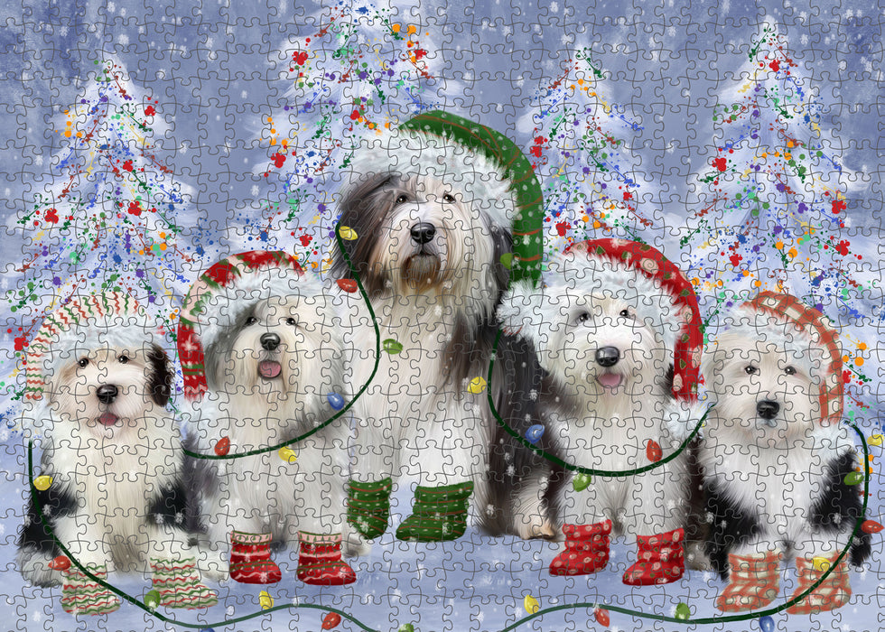 Christmas Lights and Old English Sheepdogs Portrait Jigsaw Puzzle for Adults Animal Interlocking Puzzle Game Unique Gift for Dog Lover's with Metal Tin Box