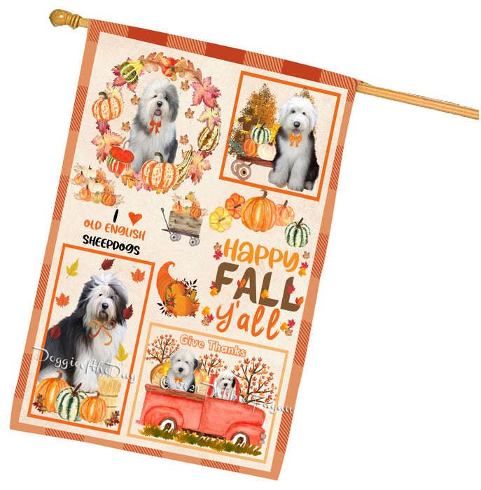 Happy Fall Y'all Pumpkin Old English Sheepdogs House Flag Outdoor Decorative Double Sided Pet Portrait Weather Resistant Premium Quality Animal Printed Home Decorative Flags 100% Polyester