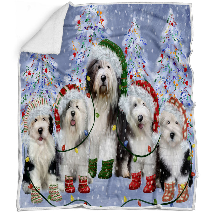 Christmas Lights and Old English Sheepdogs Blanket - Lightweight Soft Cozy and Durable Bed Blanket - Animal Theme Fuzzy Blanket for Sofa Couch