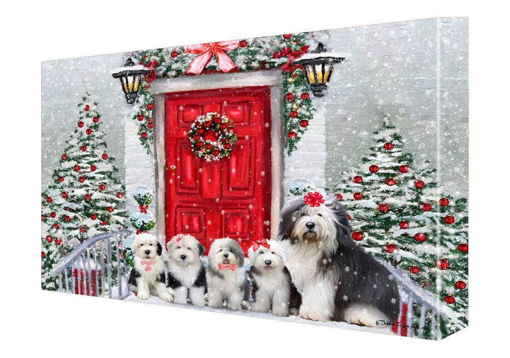 Christmas Holiday Welcome Old English Sheepdogs Canvas Wall Art - Premium Quality Ready to Hang Room Decor Wall Art Canvas - Unique Animal Printed Digital Painting for Decoration