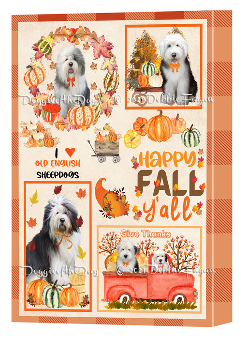 Happy Fall Y'all Pumpkin Old English Sheepdogs Canvas Wall Art - Premium Quality Ready to Hang Room Decor Wall Art Canvas - Unique Animal Printed Digital Painting for Decoration