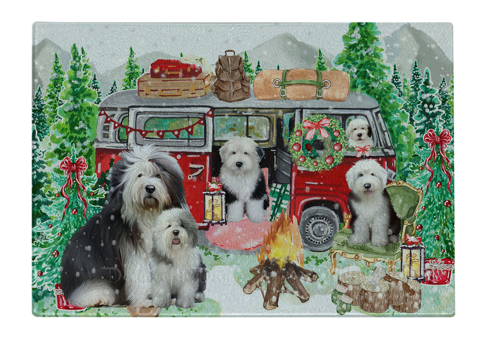 Christmas Time Camping with Old English Sheepdogs Cutting Board - For Kitchen - Scratch & Stain Resistant - Designed To Stay In Place - Easy To Clean By Hand - Perfect for Chopping Meats, Vegetables