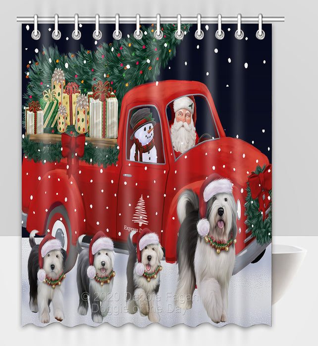 Christmas Express Delivery Red Truck Running Old English Sheepdogs Shower Curtain Bathroom Accessories Decor Bath Tub Screens