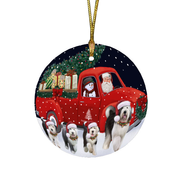 Christmas Express Delivery Red Truck Running Old English Sheepdogs Round Flat Christmas Ornament RFPOR57762
