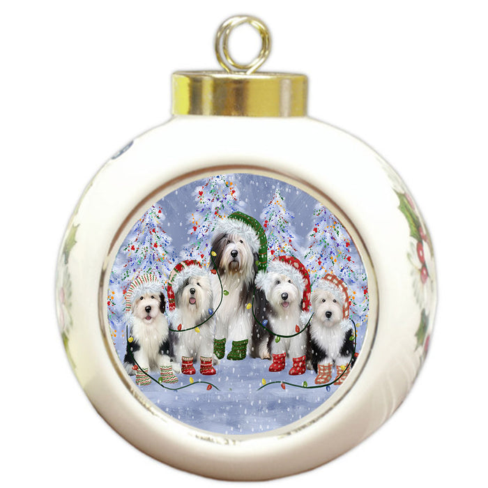 Christmas Lights and Old English Sheepdogs Round Ball Christmas Ornament Pet Decorative Hanging Ornaments for Christmas X-mas Tree Decorations - 3" Round Ceramic Ornament
