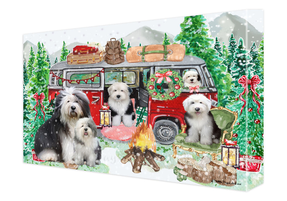 Christmas Time Camping with Old English Sheepdogs Canvas Wall Art - Premium Quality Ready to Hang Room Decor Wall Art Canvas - Unique Animal Printed Digital Painting for Decoration