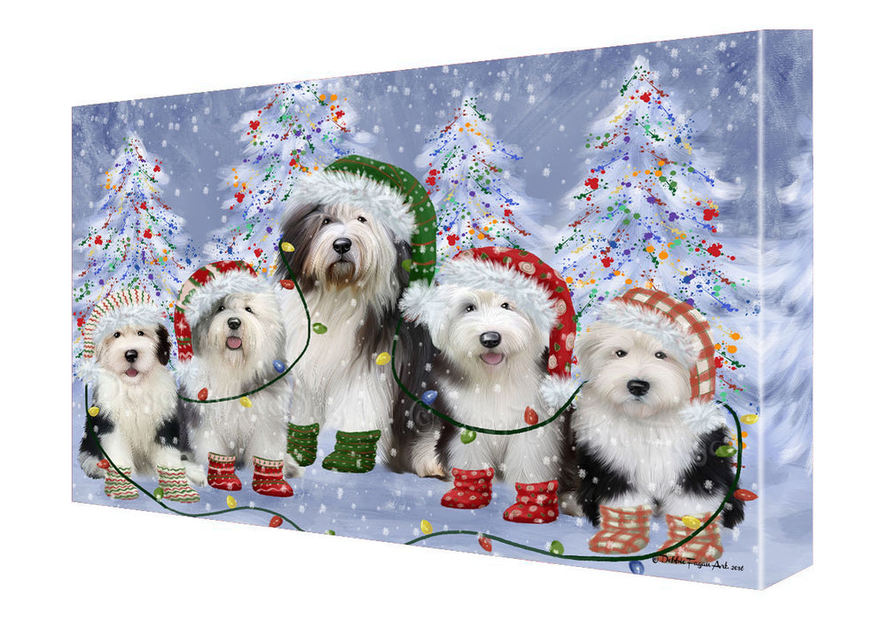 Christmas Lights and Old English Sheepdogs Canvas Wall Art - Premium Quality Ready to Hang Room Decor Wall Art Canvas - Unique Animal Printed Digital Painting for Decoration