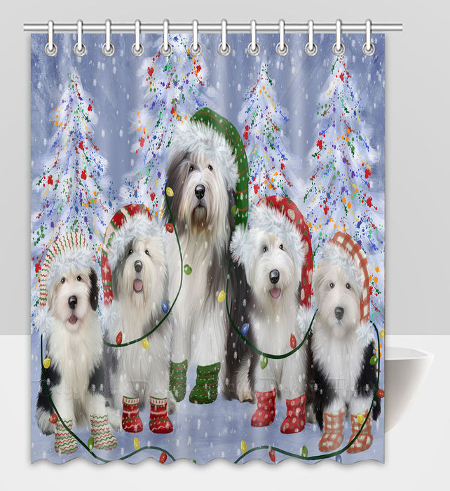 Christmas Lights and Old English Sheepdogs Shower Curtain Pet Painting Bathtub Curtain Waterproof Polyester One-Side Printing Decor Bath Tub Curtain for Bathroom with Hooks