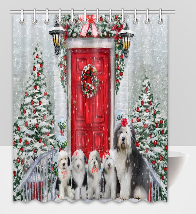 Christmas Holiday Welcome Old English Sheepdogs Shower Curtain Pet Painting Bathtub Curtain Waterproof Polyester One-Side Printing Decor Bath Tub Curtain for Bathroom with Hooks