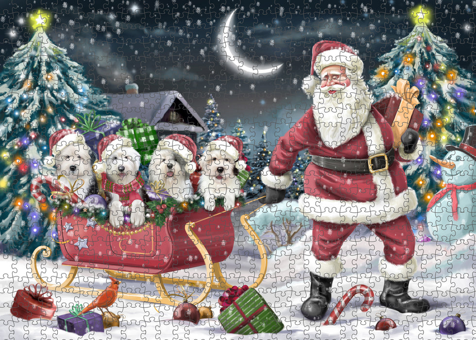 Christmas Santa Sled Old English Sheepdogs Portrait Jigsaw Puzzle for Adults Animal Interlocking Puzzle Game Unique Gift for Dog Lover's with Metal Tin Box