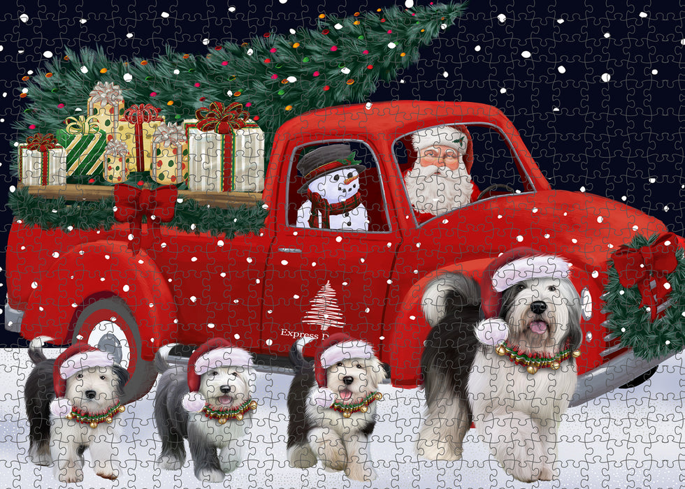 Christmas Express Delivery Red Truck Running Old English Sheepdogs Puzzle with Photo Tin PUZL99748